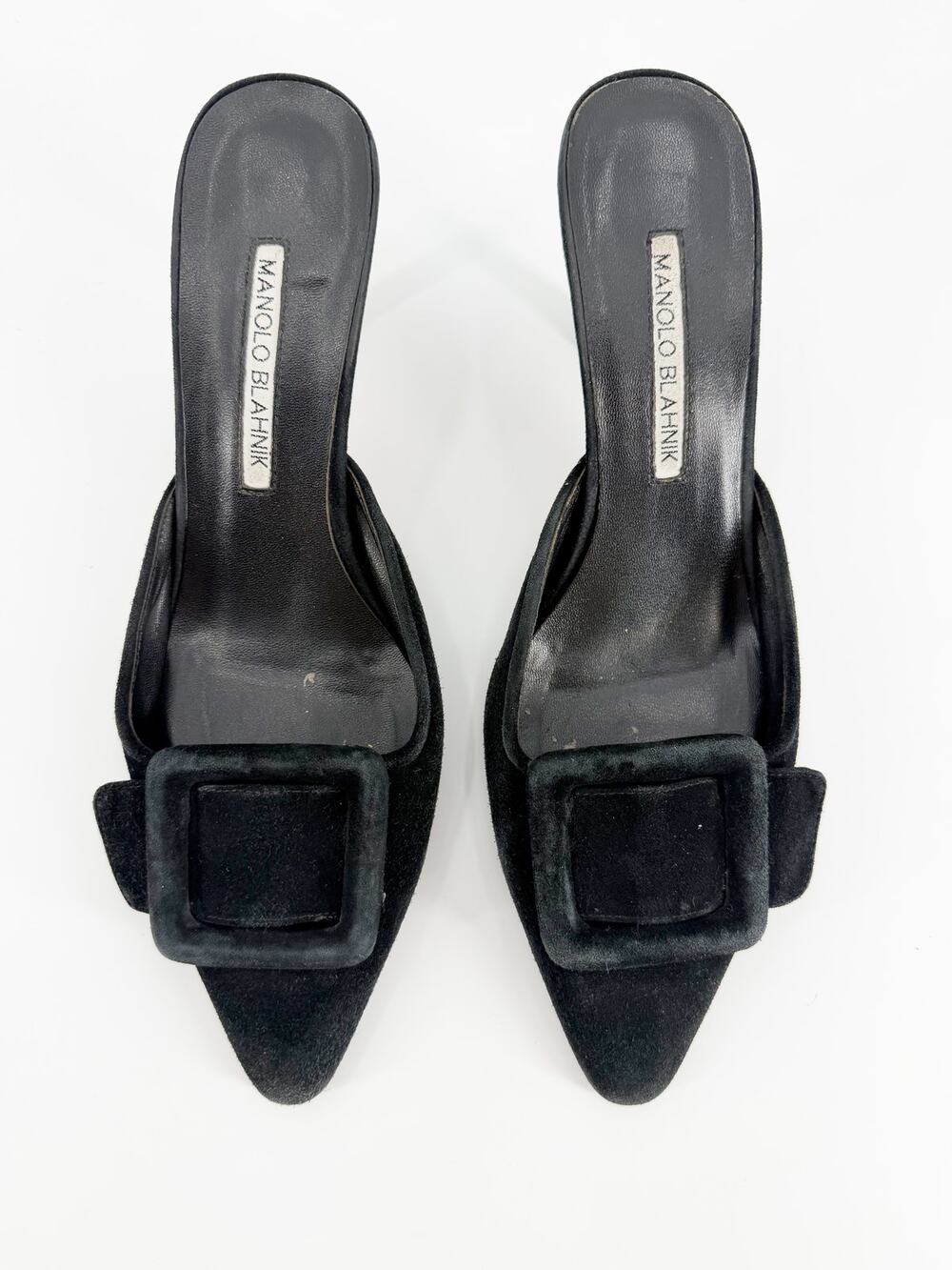 Manolo Blahnik Maysale Black Suede Buckle Kitten Heel Mules Size 37 EU US 7